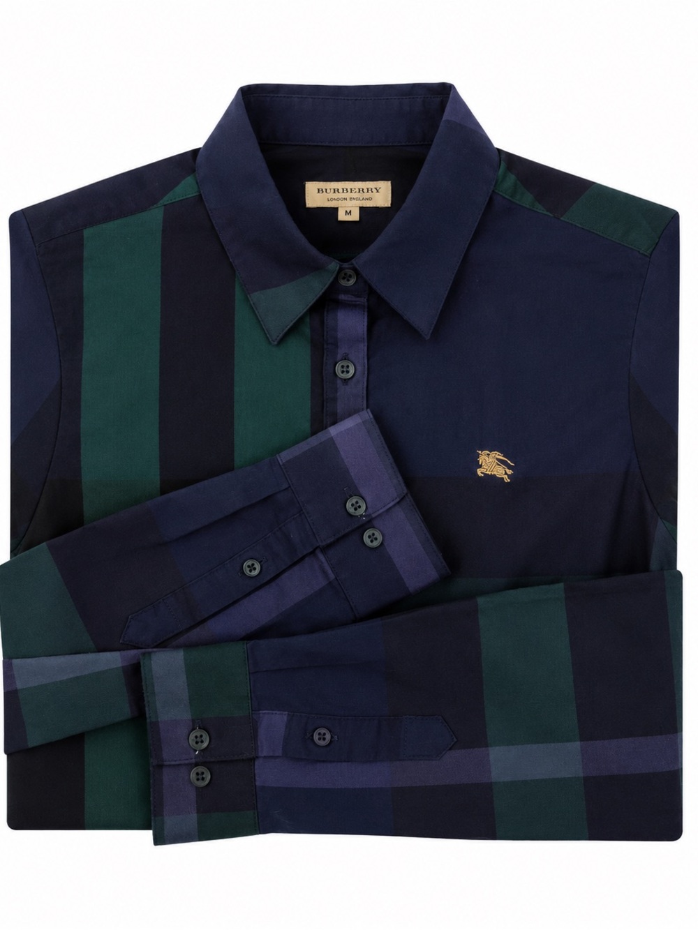 Burberry Navy & Green Plaid Button-Up Shirt with Gold Logo